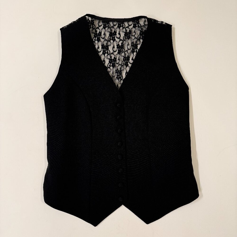 Lace Back Button Front Sleeveless Vest in Black